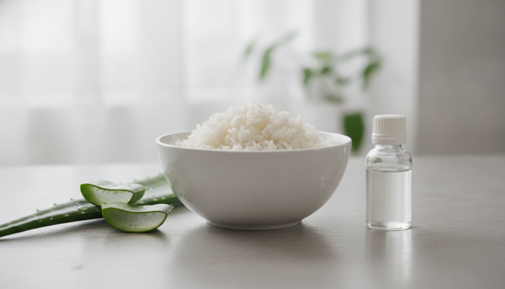 A close-up of a bowl of cooked white rice next to an aloe vera leaf and a small bottle of glycerin illustrating the main