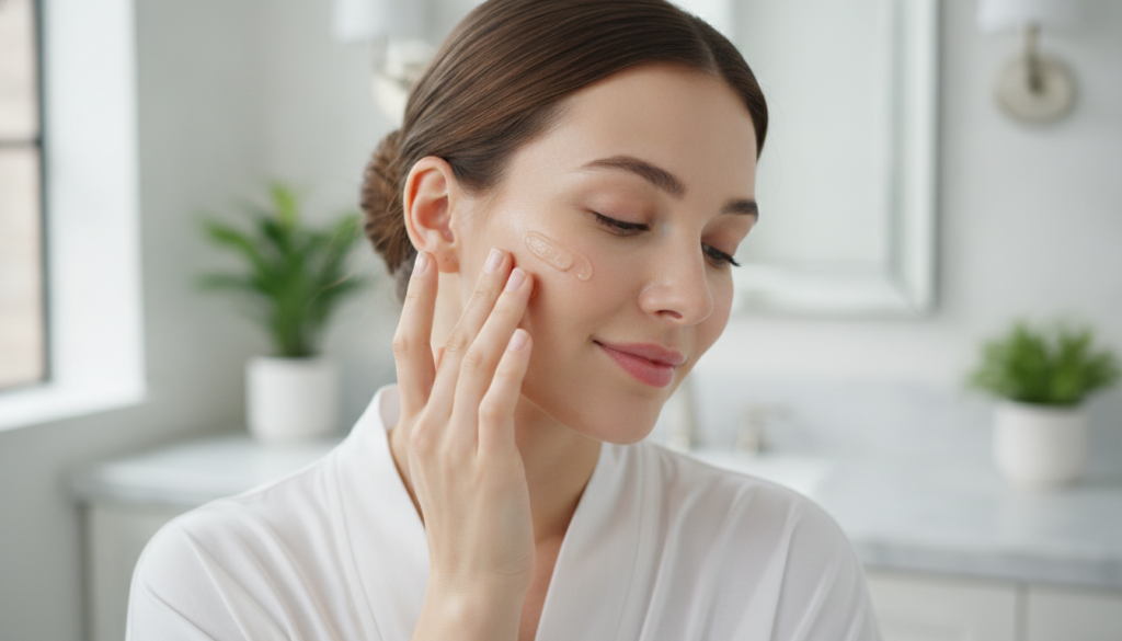 A woman gently applying a homemade gel to her clean face with her fingertips showing a glowing smooth complexion