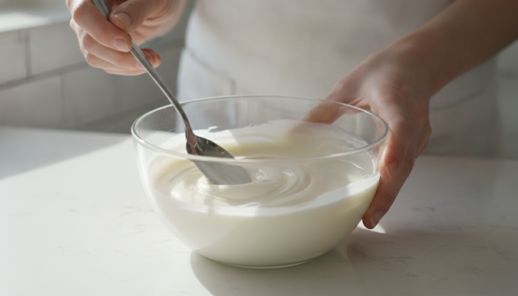Hands mixing rice milk and clove water in a small glass bowl with a spoon creating a gel-like consistency