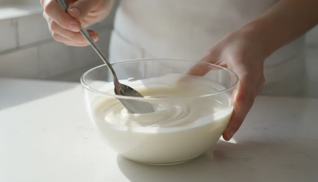 Hands mixing rice milk and clove water in a small glass bowl with a spoon creating a gel-like consistency