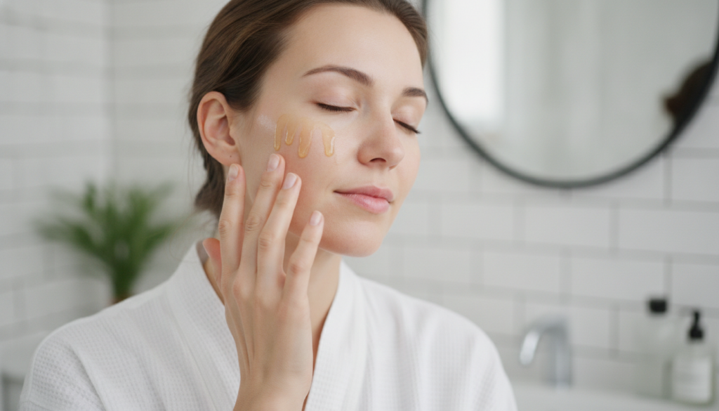 A woman gently massaging a few drops of facial oil onto her cheek with a soft glowing complexion in a bathroom setting