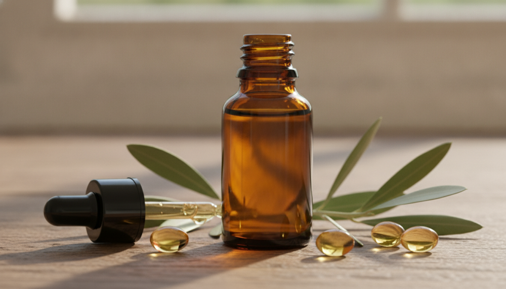 A small dark glass dropper bottle filled with a light amber oil blend next to fresh olive leaves and a few vitamin E cap