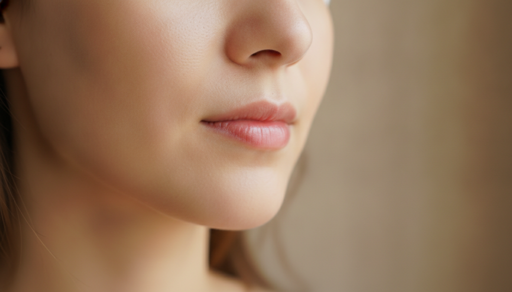 Close-up of a woman s face with noticeably brighter and more even-toned skin with a subtle healthy glow perhaps showing 