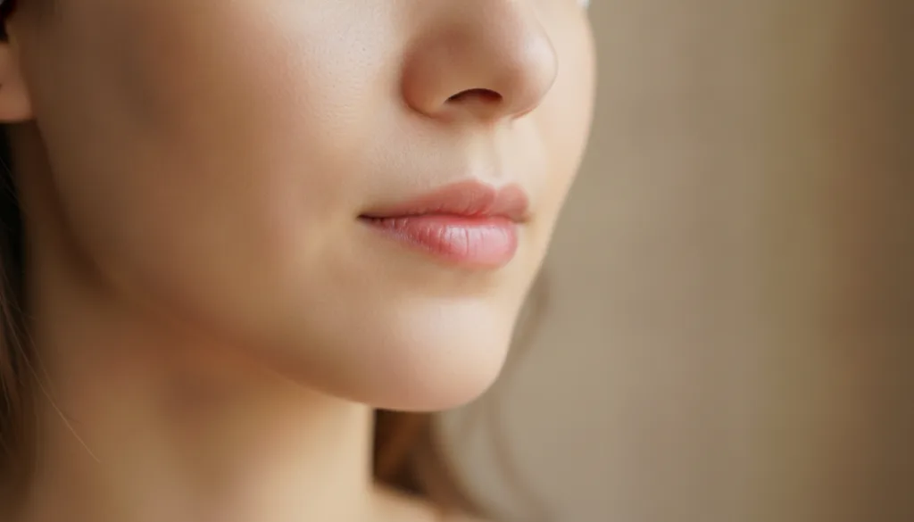 Close-up of a woman s face with noticeably brighter and more even-toned skin with a subtle healthy glow perhaps showing 
