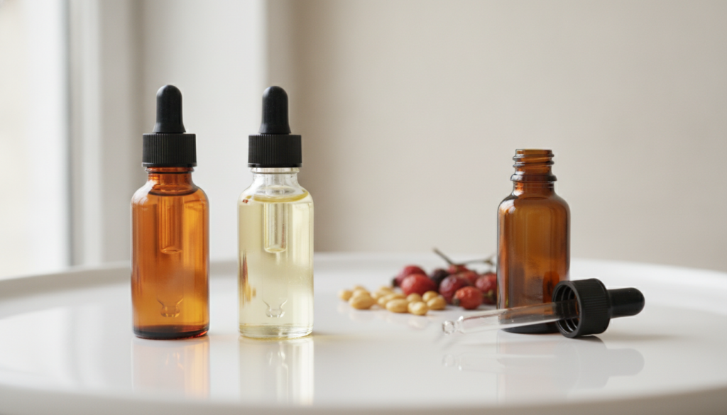 Close-up of small bottles of rosehip oil jojoba oil and vitamin E oil next to a small dark glass dropper bottle with a l