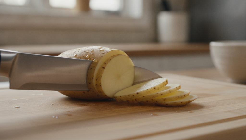 Close-up of a freshly washed potato being sliced on a cutting board ready for a beauty application