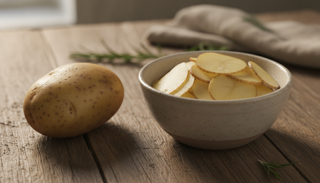 A fresh whole potato resting next to a small bowl of potato slices with a subtle glow symbolizing its natural skin benef