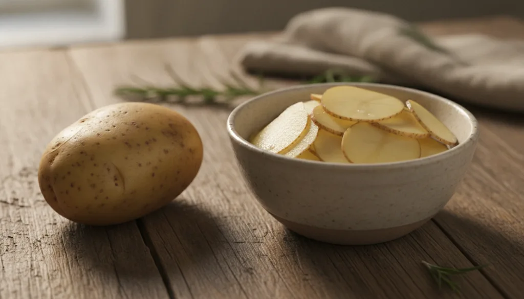 A fresh whole potato resting next to a small bowl of potato slices with a subtle glow symbolizing its natural skin benef