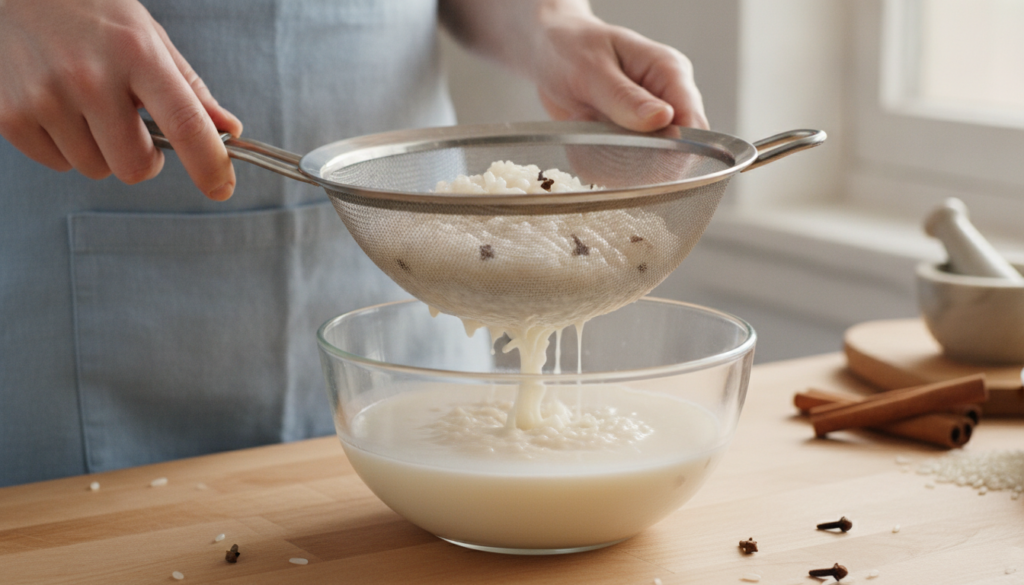 A person s hands gently pressing a creamy white rice and clove mixture through a fine-mesh sieve into a glass bowl to ex