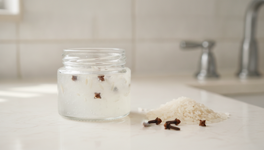 A small glass jar containing the finished rice and clove gel placed next to a few whole cloves and a small pile of white