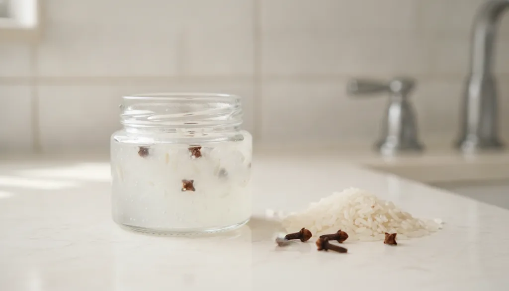 A small glass jar containing the finished rice and clove gel placed next to a few whole cloves and a small pile of white