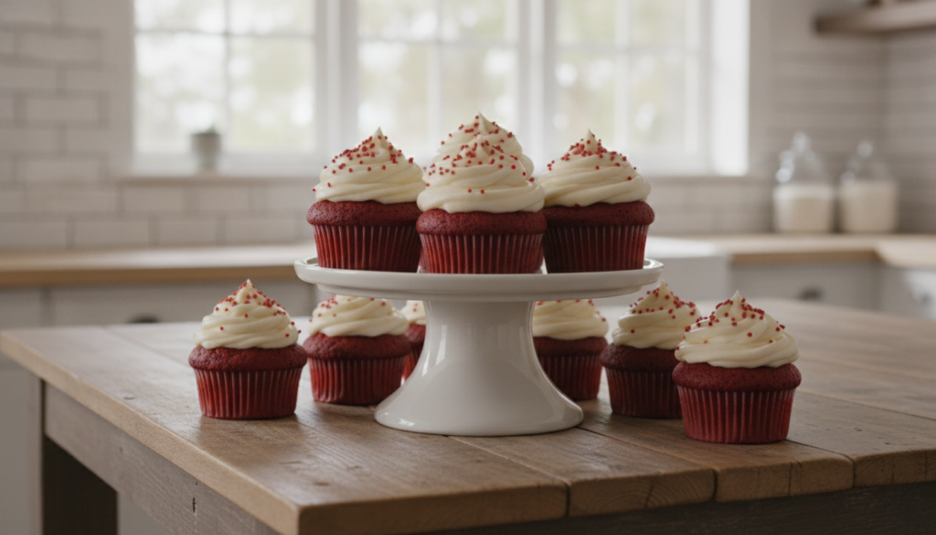 Vibrant red velvet cupcakes with creamy white cream cheese frosting some garnished with red sprinkles on a white cake st