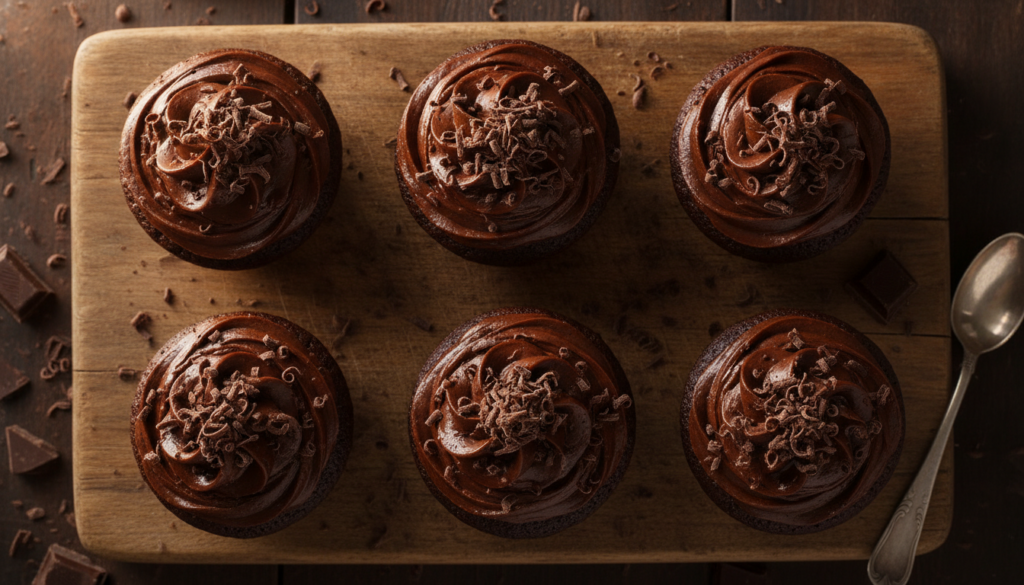 Dark chocolate cupcakes with swirls of dark chocolate ganache frosting garnished with chocolate shavings on a rustic woo