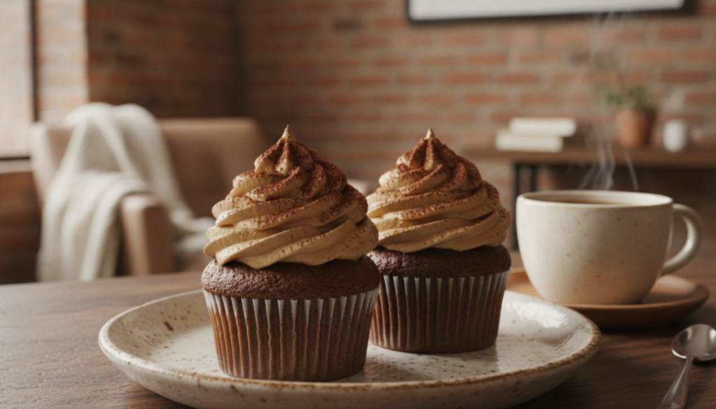 Moist coffee-flavored cupcakes with light brown coffee buttercream sprinkled with cocoa powder on a ceramic plate with a