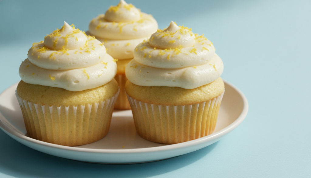 Bright yellow lemon cupcakes with light lemon cream cheese frosting garnished with fresh lemon zest on a pastel blue bac