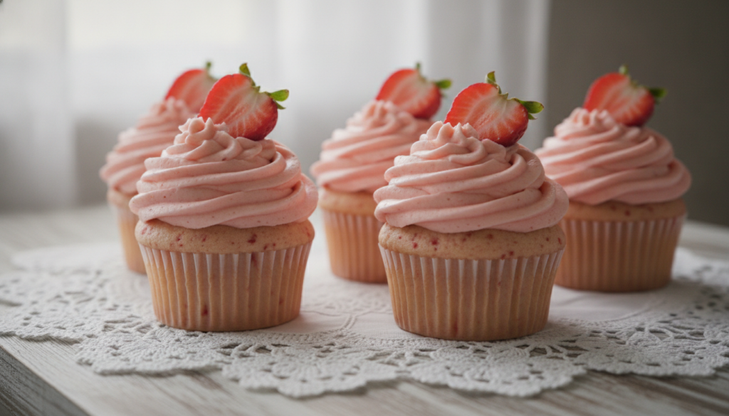 Pink strawberry cupcakes with swirls of pink strawberry buttercream garnished with a fresh strawberry slice on a white l