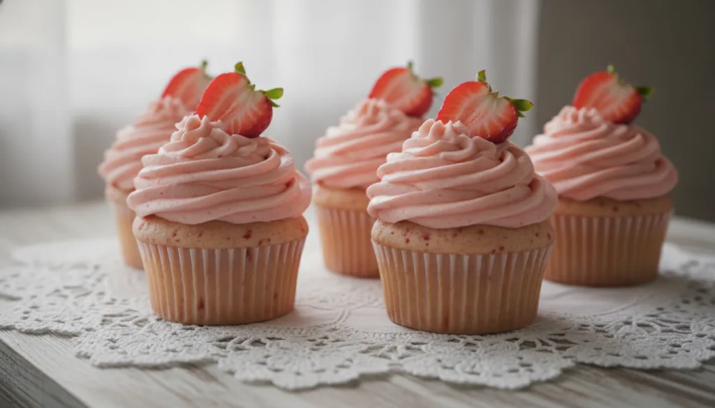 Pink strawberry cupcakes with swirls of pink strawberry buttercream garnished with a fresh strawberry slice on a white l