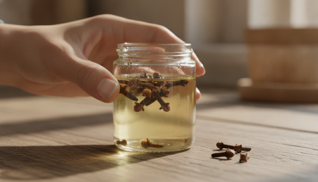A hand holding a small glass jar with baby oil and whole cloves infusing on a wooden counter with soft light