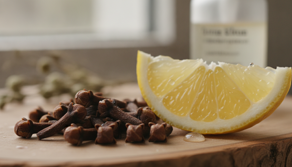 Close-up of whole cloves and a fresh lemon slice illustrating the ingredients of the serum