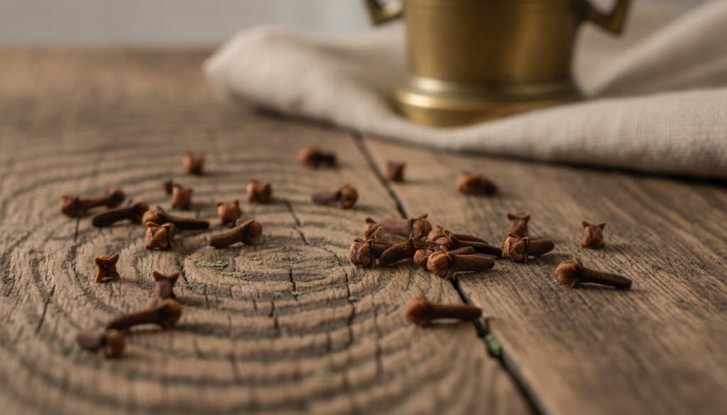 A close-up of dried cloves scattered on a rustic wooden surface next to a small ornate mortar and pestle suggesting herb