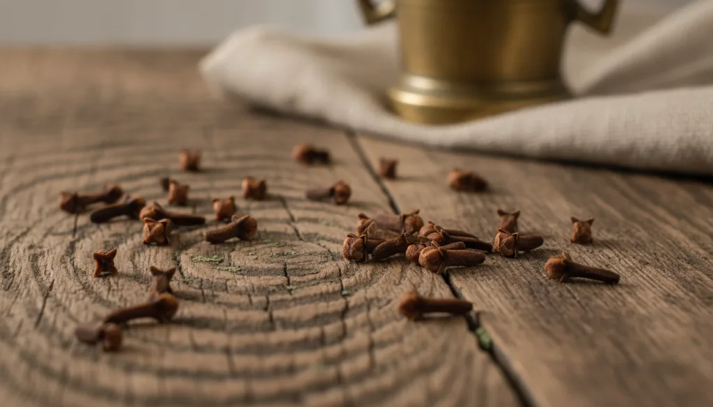 A close-up of dried cloves scattered on a rustic wooden surface next to a small ornate mortar and pestle suggesting herb