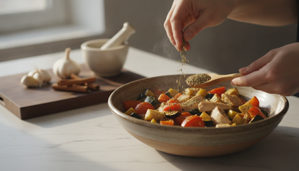 A close-up of a kitchen counter with hands preparing a healthy meal sprinkling dried oregano over a dish with fresh garl