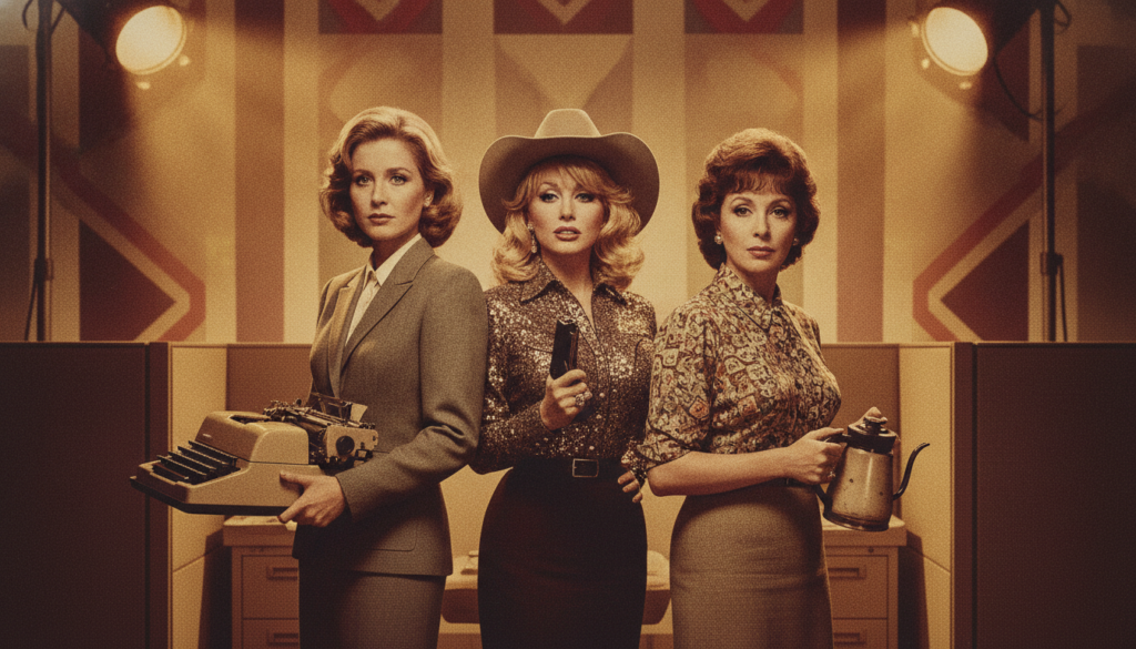 A movie poster for 9 to 5 featuring Jane Fonda Dolly Parton and Lily Tomlin looking determined and ready for action