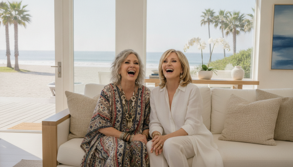 Lily Tomlin and Jane Fonda laughing together as their characters Frankie and Grace in a still from the show Grace and Fr