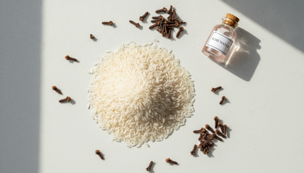A flat lay of ingredients for the DIY mask uncooked white rice whole cloves and a bottle of rose water arranged neatly o