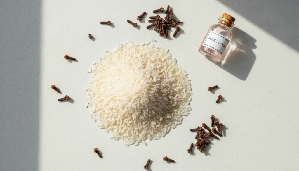 A flat lay of ingredients for the DIY mask uncooked white rice whole cloves and a bottle of rose water arranged neatly o