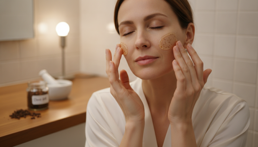 A woman gently applying a thin layer of the homemade clove gel to her clean face before bedtime in a serene bathroom set