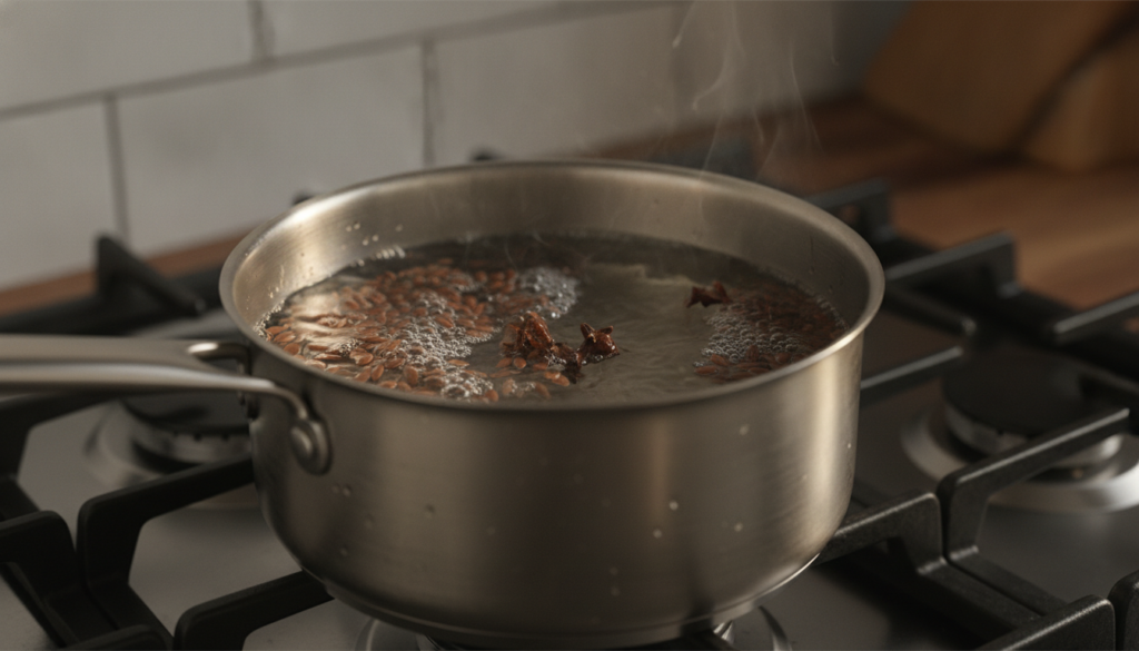 Close-up of flaxseeds and cloves simmering in a saucepan with water showing the beginning of the gel formation