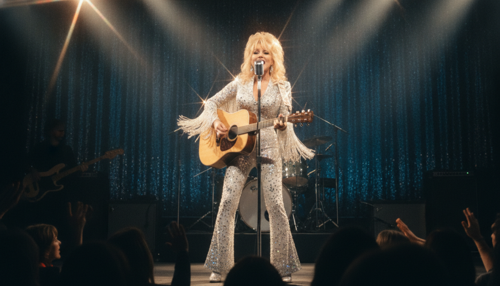 A vintage photo of Dolly Parton performing or with a guitar