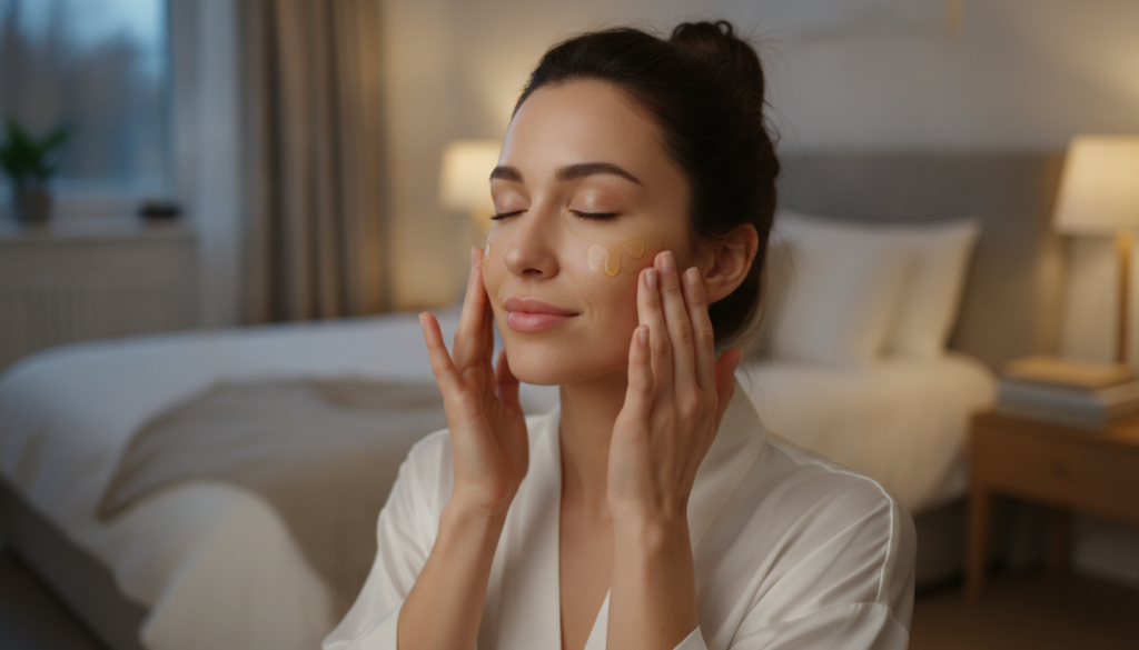 A woman gently massaging a few drops of facial oil into her clean skin in the evening with a soft focus background