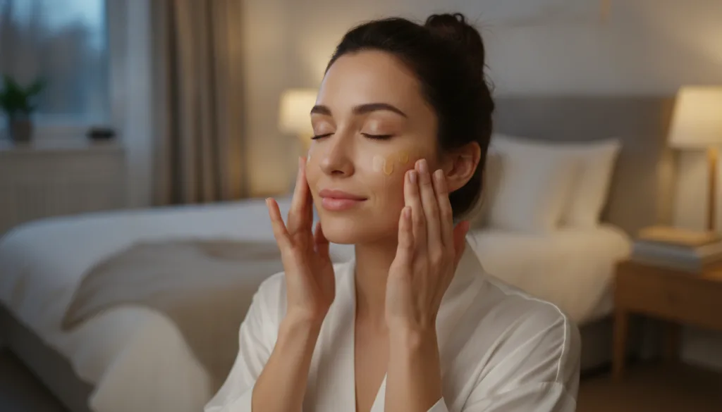 A woman gently massaging a few drops of facial oil into her clean skin in the evening with a soft focus background