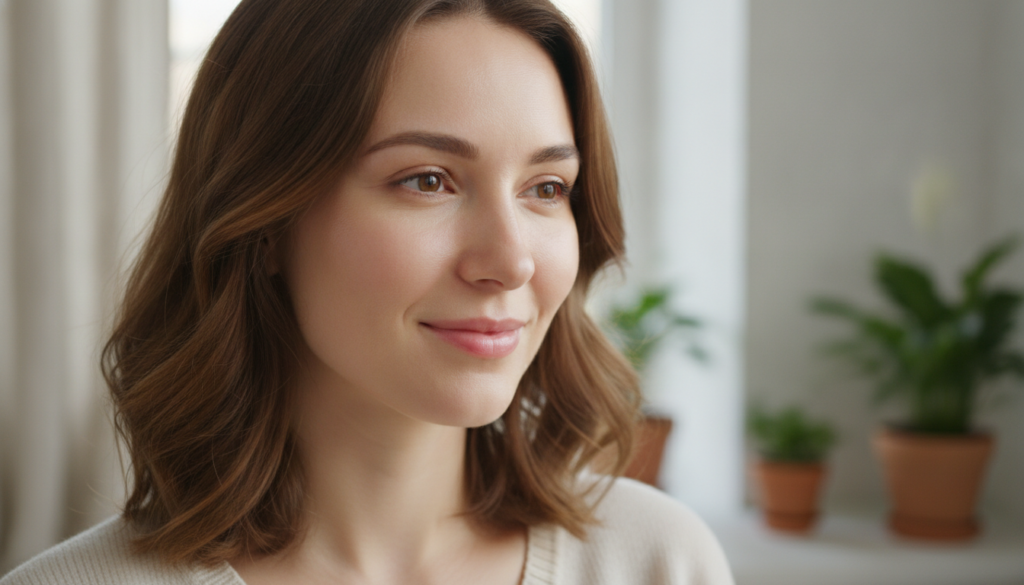 A woman with a glowing healthy-looking complexion slightly smiling demonstrating soft even-toned skin after consistent s