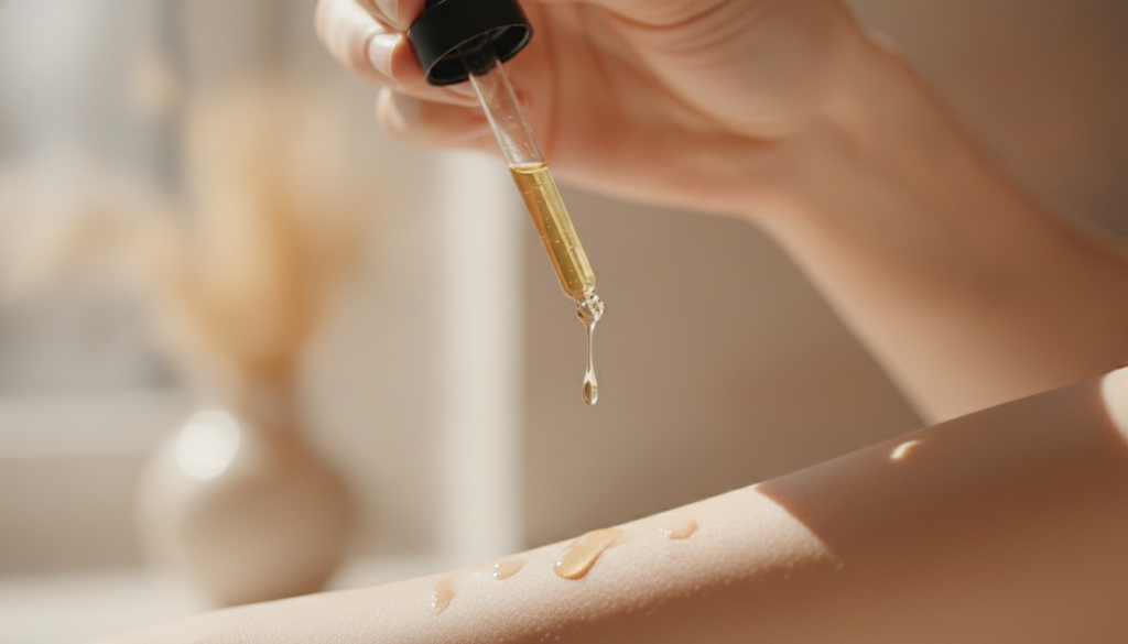 A person s hand applying a few drops of the DIY glow oil onto their forearm showcasing a smooth and moisturized skin tex