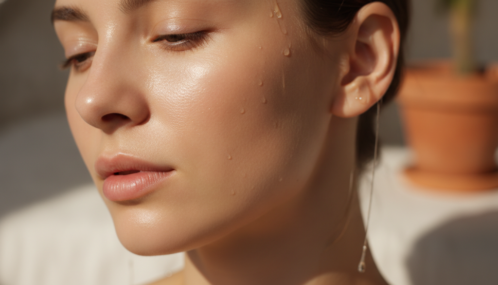 A close-up of a person s glowing smooth skin with a subtle sheen implying the effects of using a glow oil regularly