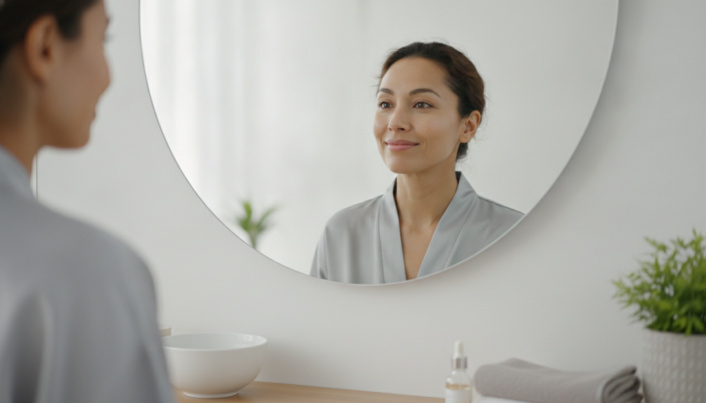 A woman smiling with a visible glow on her face after applying a natural mask emphasizing healthy radiant skin She is in