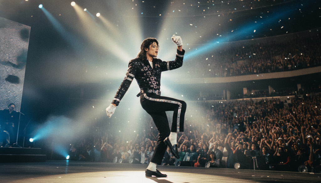 Michael Jackson in a dynamic stage pose during an 80s concert wearing a signature outfit