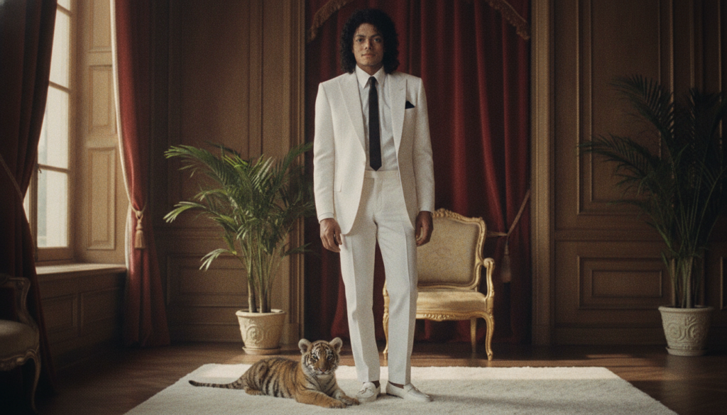 Album cover for Michael Jackson s Thriller showing him in a white suit with a tiger cub