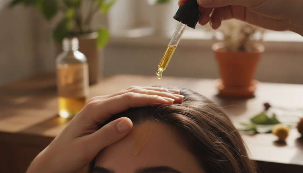 A hand gently massaging a few drops of golden homemade hair oil onto a scalp with healthy-looking hair or a hand applyin