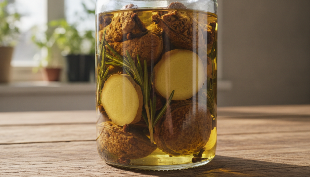 A close-up of a glass jar filled with avocado seed pieces ginger slices rosemary sprigs cloves and a golden carrier oil 