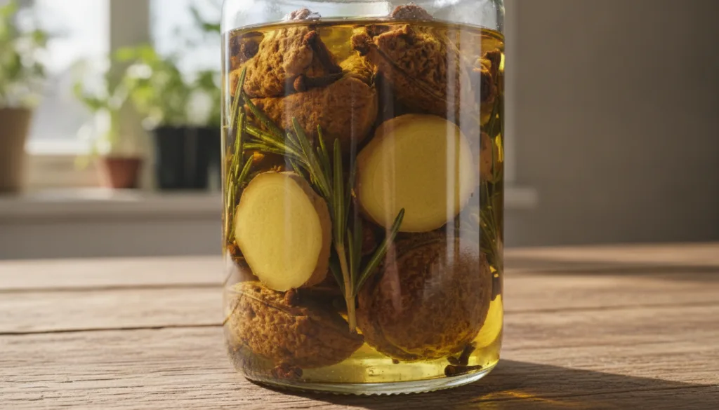 A close-up of a glass jar filled with avocado seed pieces ginger slices rosemary sprigs cloves and a golden carrier oil