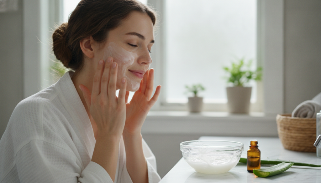 A woman gently applying the DIY Vitamin E and aloe vera mixture to her face with her fingertips demonstrating a soft cir
