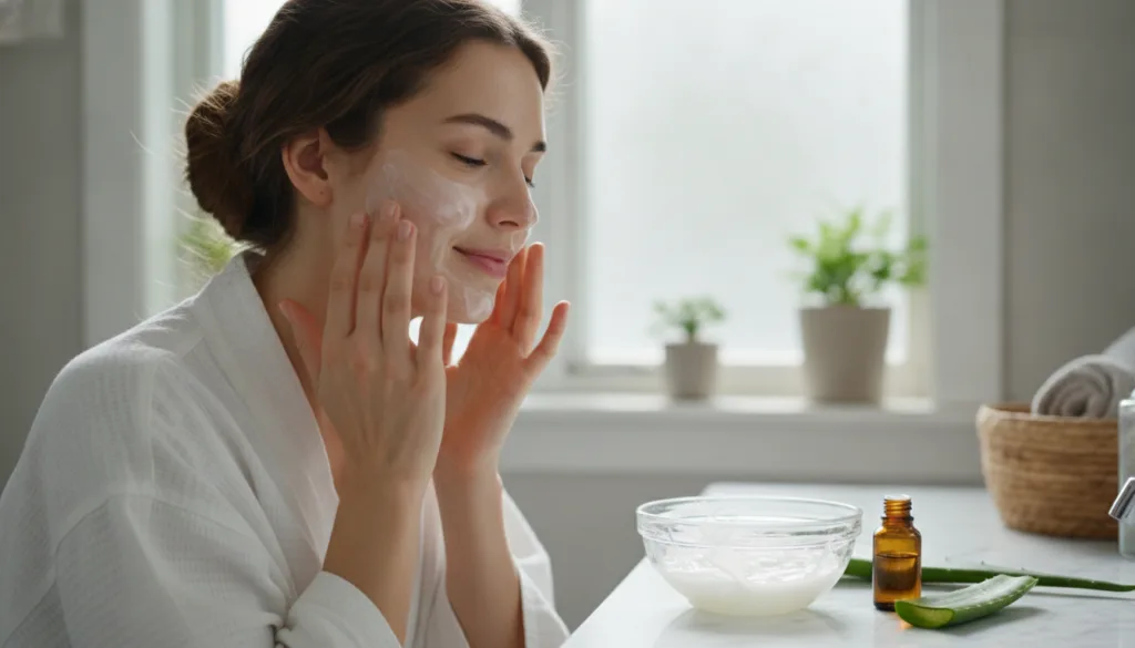 A woman gently applying the DIY Vitamin E and aloe vera mixture to her face with her fingertips demonstrating a soft cir