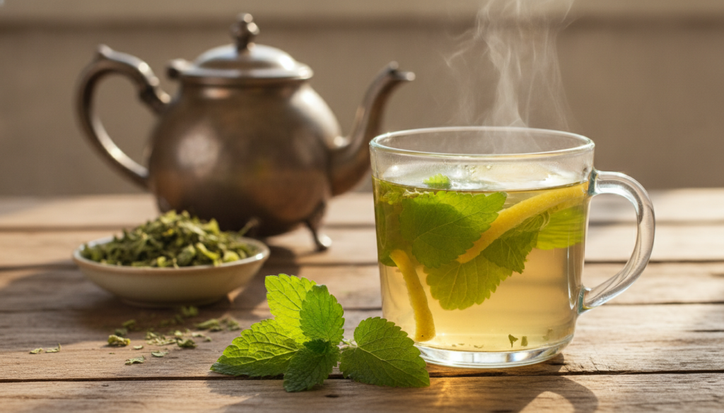 A cup of warm lemon balm tea with fresh lemon balm leaves steeping inside a teapot and some dried lemon balm leaves are 