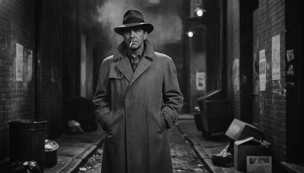 Humphrey Bogart in a classic film noir scene wearing a trench coat and fedora looking mysterious