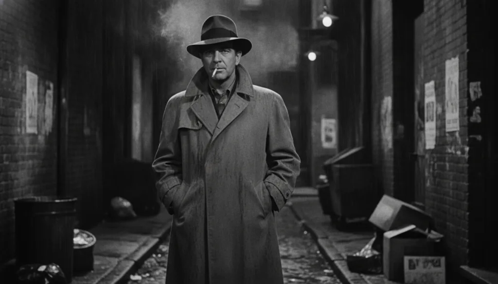 Humphrey Bogart in a classic film noir scene wearing a trench coat and fedora looking mysterious