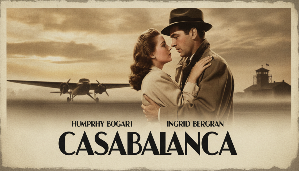A movie poster for the film Casablanca featuring Humphrey Bogart and Ingrid Bergman